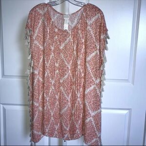 Chico's Orange Print Tassel Trim Tunic Coverup Poncho Size Small/Medium Rayon